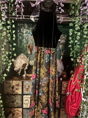 Thalia Sodi Black Velvet Top Maxi Dress with Gold, Blue, and Pink Floral Skirt